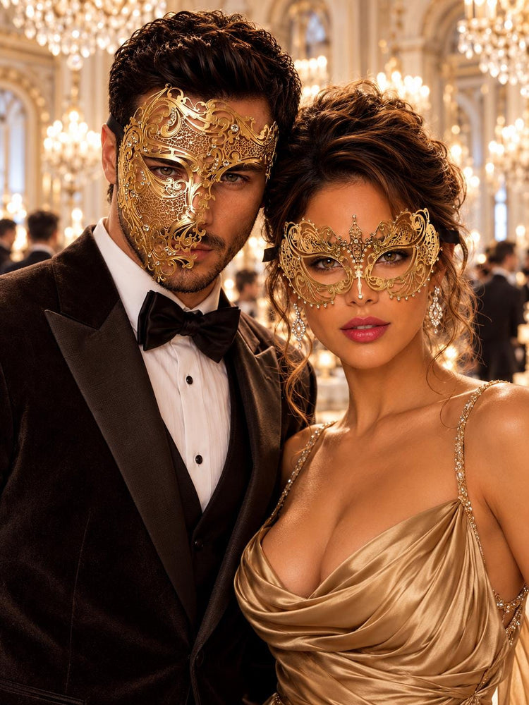 Gold Clear Stone Metal Mask for Men & Gold Rhinestone Laser Cut Mask for Women | Venetian Masquerade Couple Set - main image