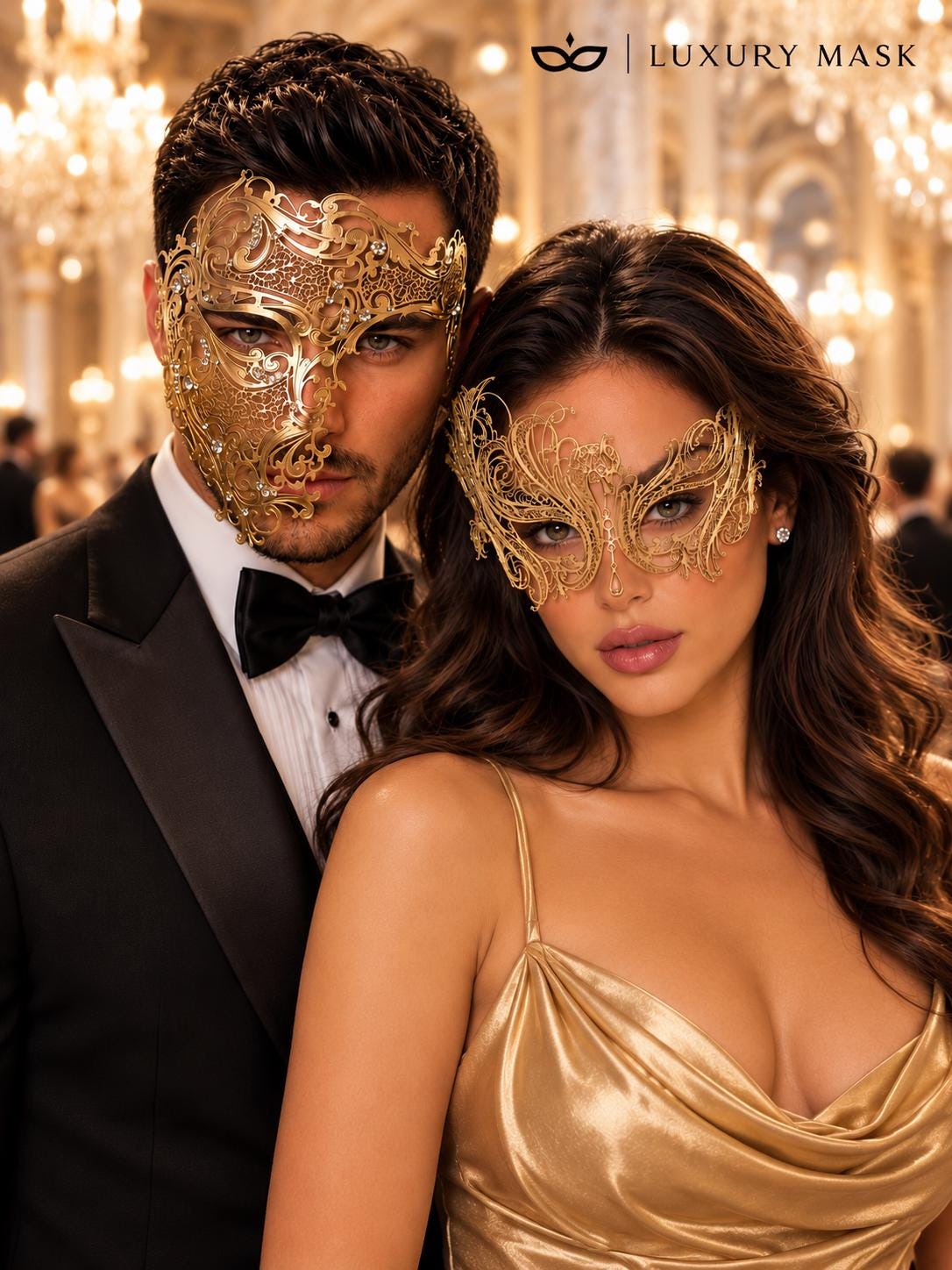 Gold Swan Metal Mask for Women & Gold Clear Stone Laser Cut Phantom Mask for Men | Venetian Masquerade Couple Set - image 3
