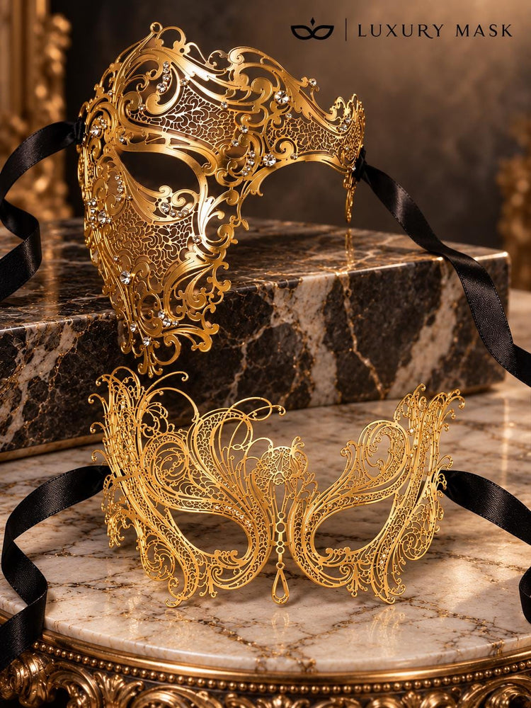 Gold Swan Metal Mask for Women & Gold Clear Stone Laser Cut Phantom Mask for Men | Venetian Masquerade Couple Set - image 6