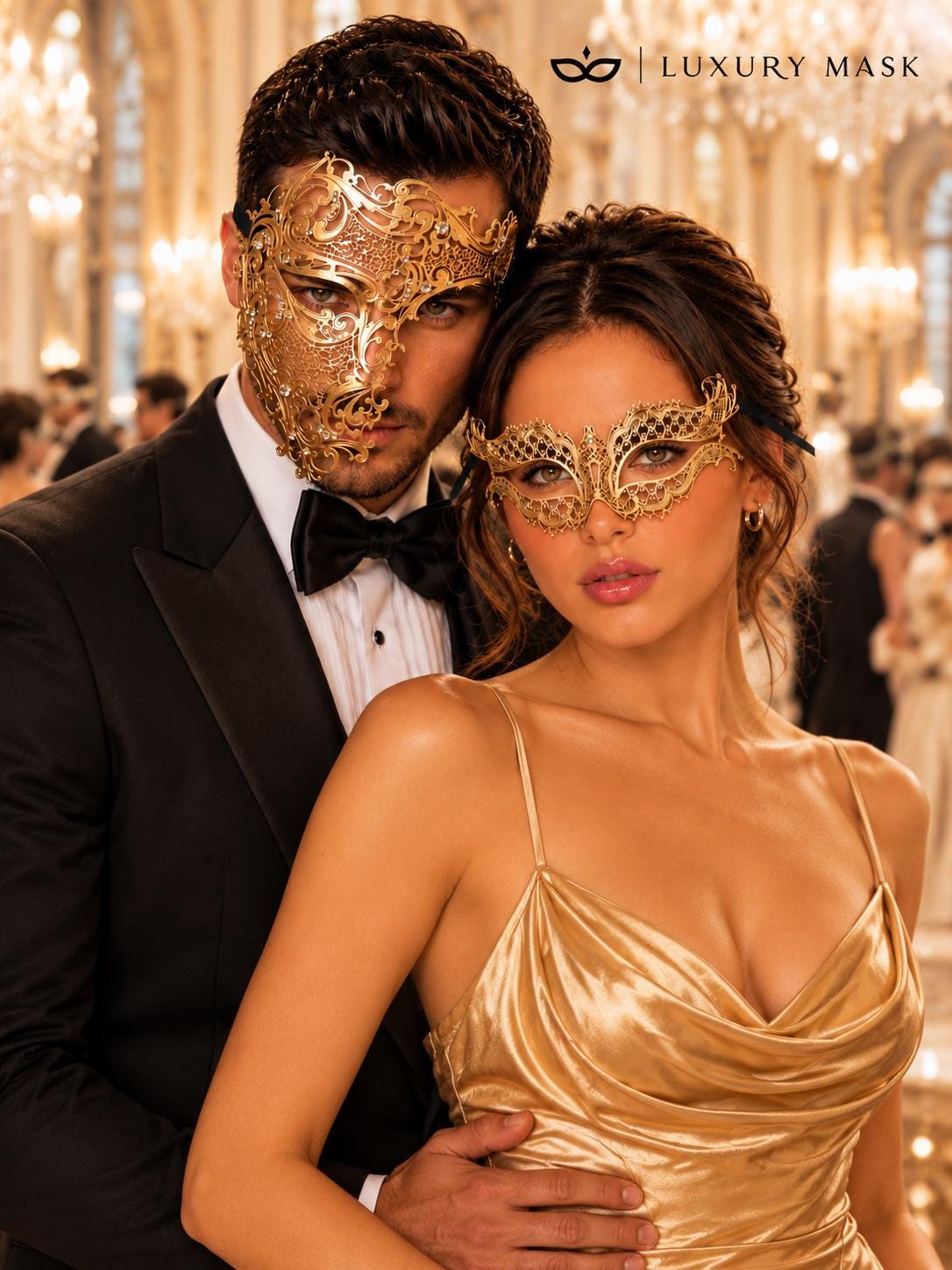 Gold Clear Stone Laser Cut Phantom Mask for Men & Gold Butterfly Rhinestone Metal Mask for Women | Venetian Masquerade Couple Set - image 2
