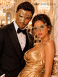 Gold Clear Stone Laser Cut Phantom Mask for Men & Gold Butterfly Rhinestone Metal Mask for Women | Venetian Masquerade Couple Set - image 4
