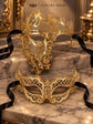Gold Clear Stone Laser Cut Phantom Mask for Men & Gold Butterfly Rhinestone Metal Mask for Women | Venetian Masquerade Couple Set - image 6