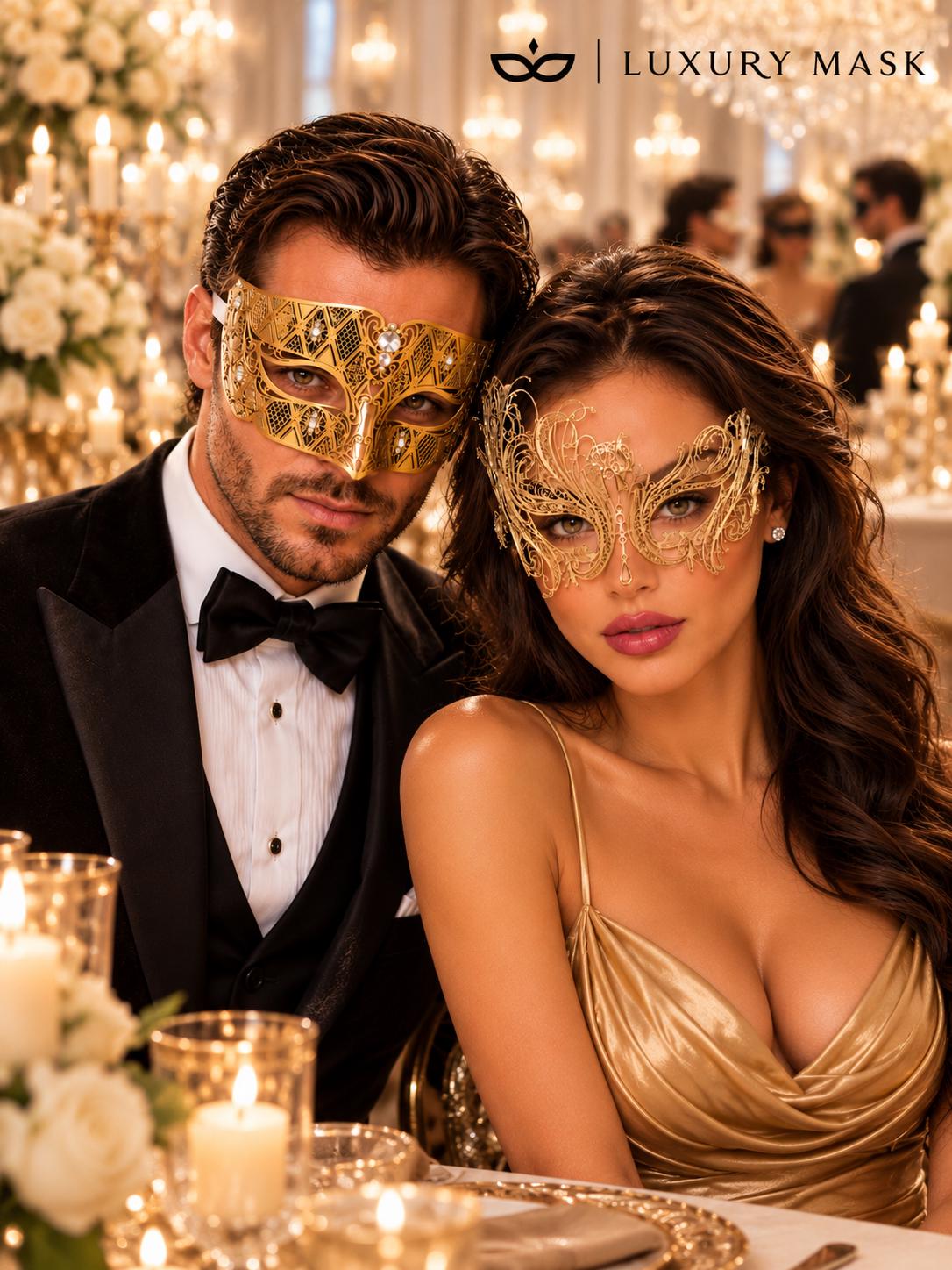 Gold Swan Metal Mask for Women & Gold Diamond Clear Stone Mask for Men | Venetian Masquerade Couple Mask Set - image 4