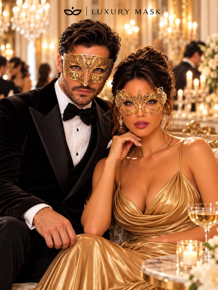 Gold Metal Masquerade Masks for Couples | Laser Cut Half Face Mask for Men & Clear Rhinestone Mask for Women - image 3