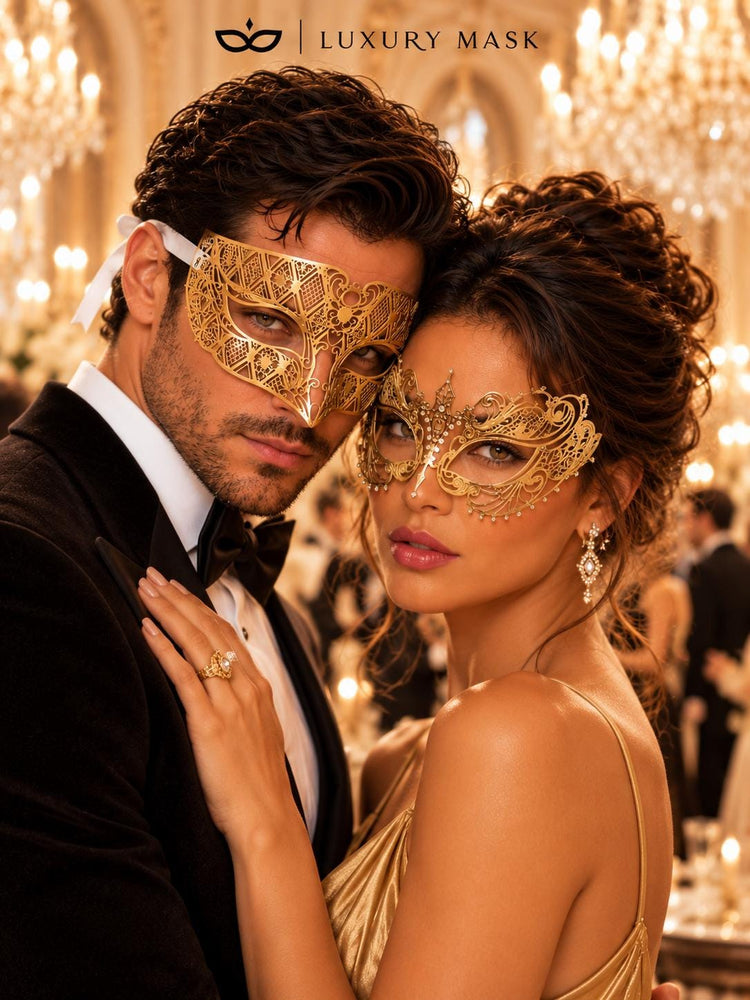 Gold Metal Masquerade Masks for Couples | Laser Cut Half Face Mask for Men & Clear Rhinestone Mask for Women - image 5