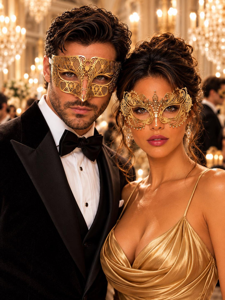 Gold Metal Masquerade Masks for Couples | Laser Cut Half Face Mask for Men & Clear Rhinestone Mask for Women - main image