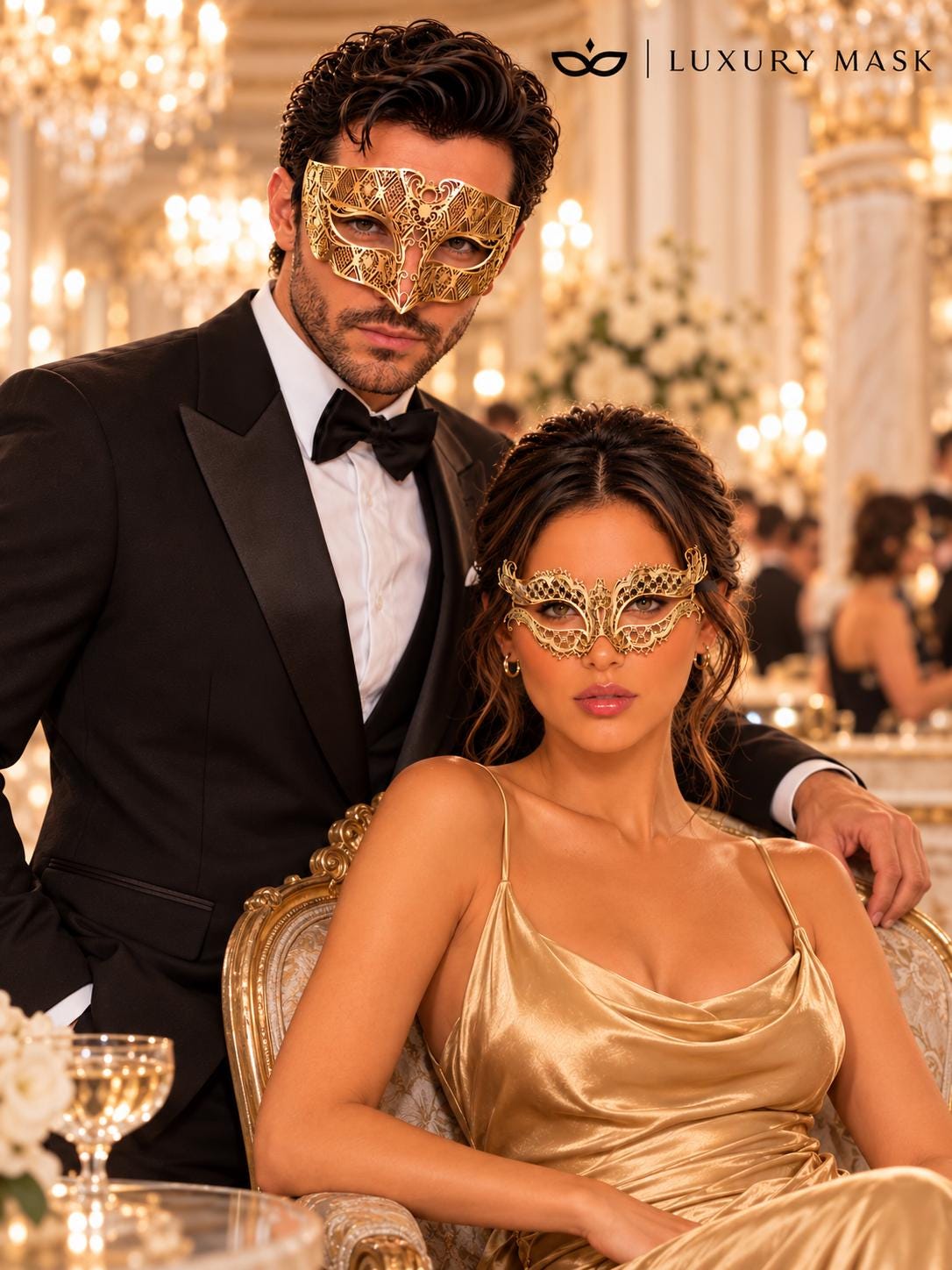 Gold Laser Cut Metal Mask for Men & Gold Butterfly Rhinestone Mask for Women | Matching Venetian Masquerade Couple Set - image 4