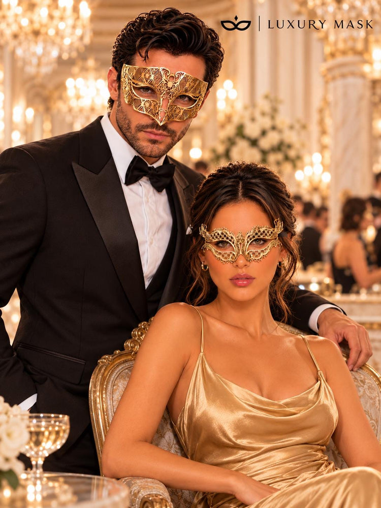 Gold Laser Cut Metal Mask for Men & Gold Butterfly Rhinestone Mask for Women | Matching Venetian Masquerade Couple Set - image 4