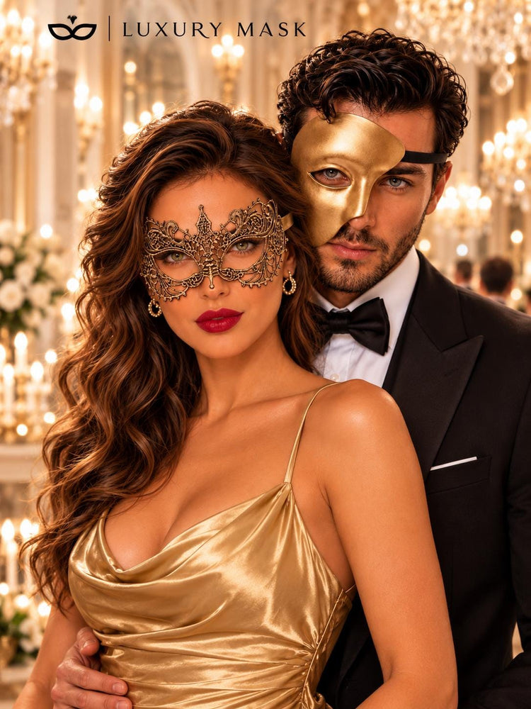 Gold One-Eye Phantom Mask for Men & Gold Lace Masquerade Mask for Women | Venetian His and Hers Couple Set - image 2
