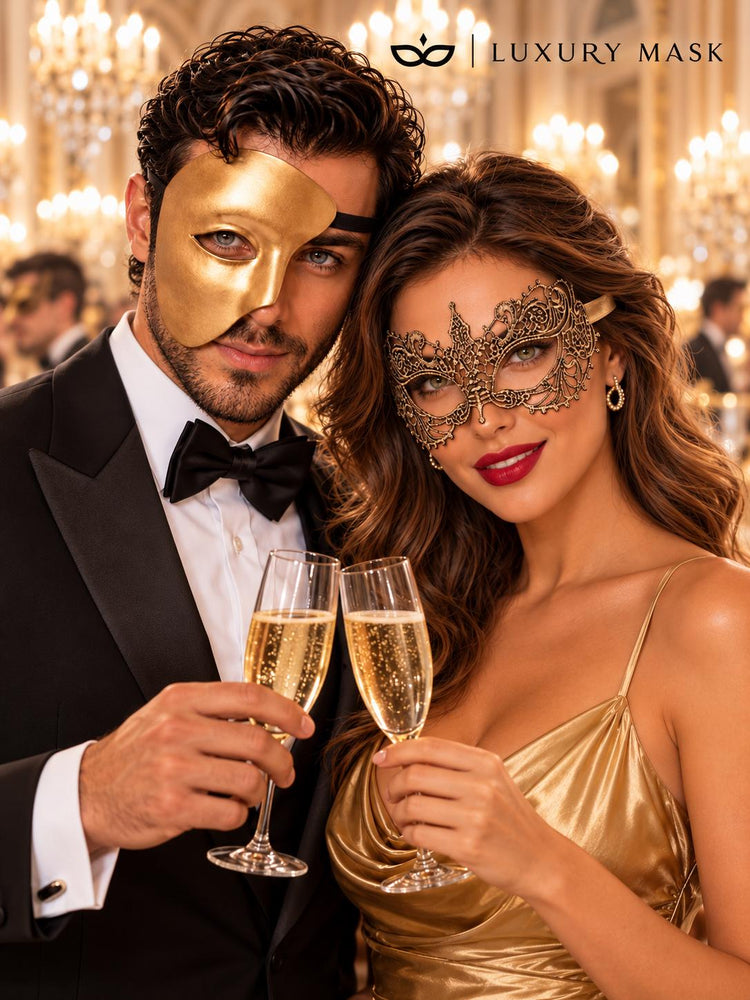 Gold One-Eye Phantom Mask for Men & Gold Lace Masquerade Mask for Women | Venetian His and Hers Couple Set - image 3