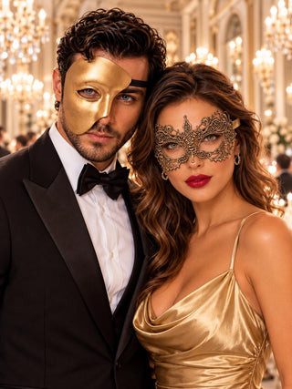 Gold One-Eye Phantom Mask for Men & Gold Lace Masquerade Mask for Women | Venetian His and Hers Couple Set - main image