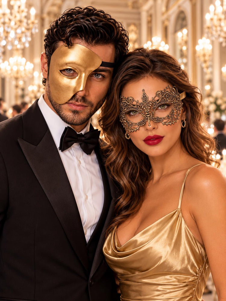 Gold One-Eye Phantom Mask for Men & Gold Lace Masquerade Mask for Women | Venetian His and Hers Couple Set - main image