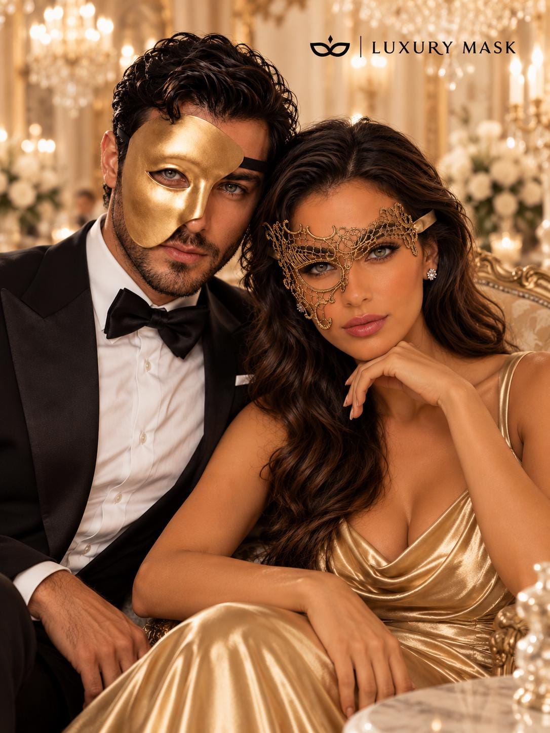 Gold Phantom Couple Masks | One-Eye Phantom Mask for Men & Gold Phantom Lace Mask for Women - image 3