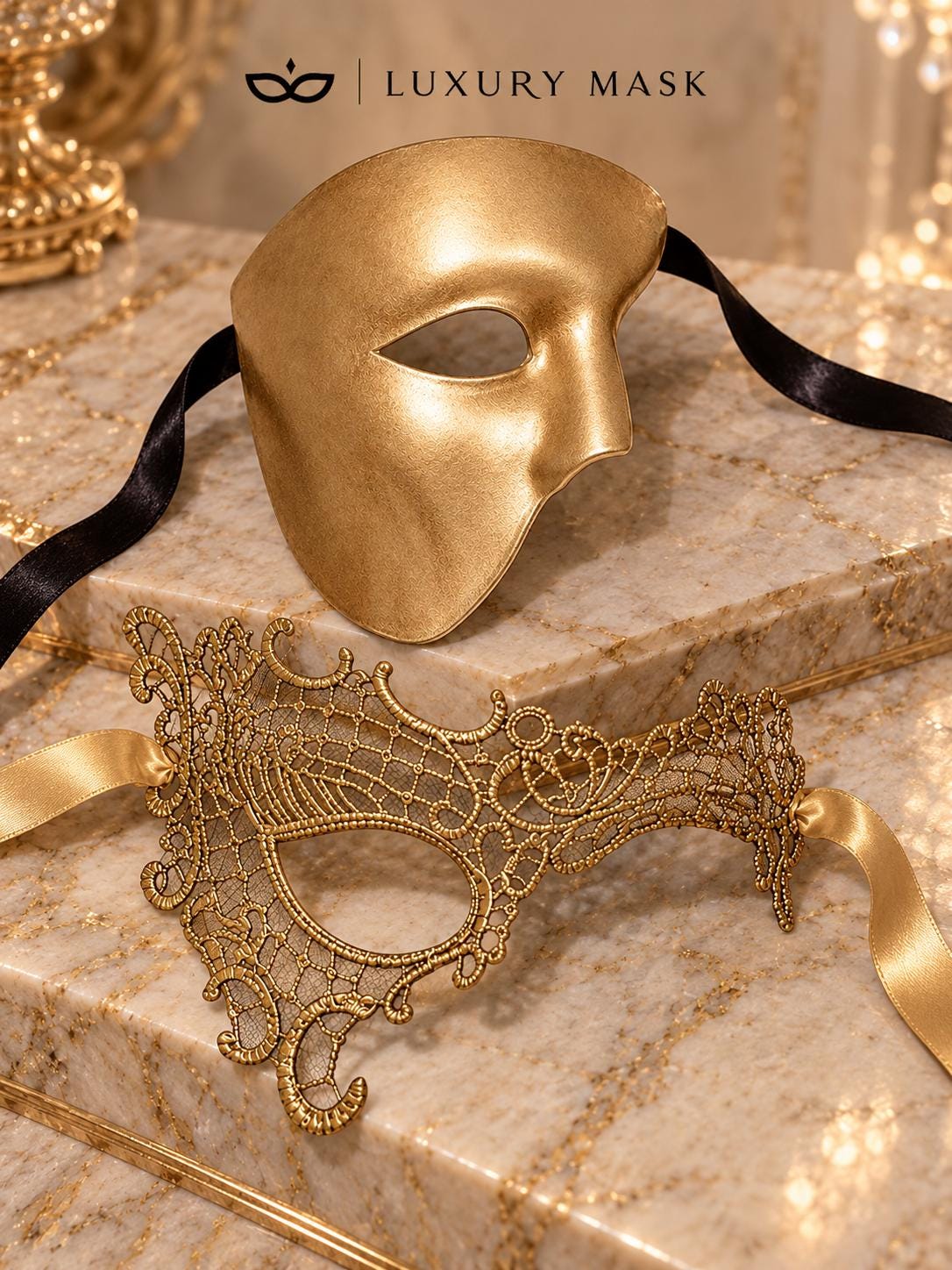 Gold Phantom Couple Masks | One-Eye Phantom Mask for Men & Gold Phantom Lace Mask for Women - image 6