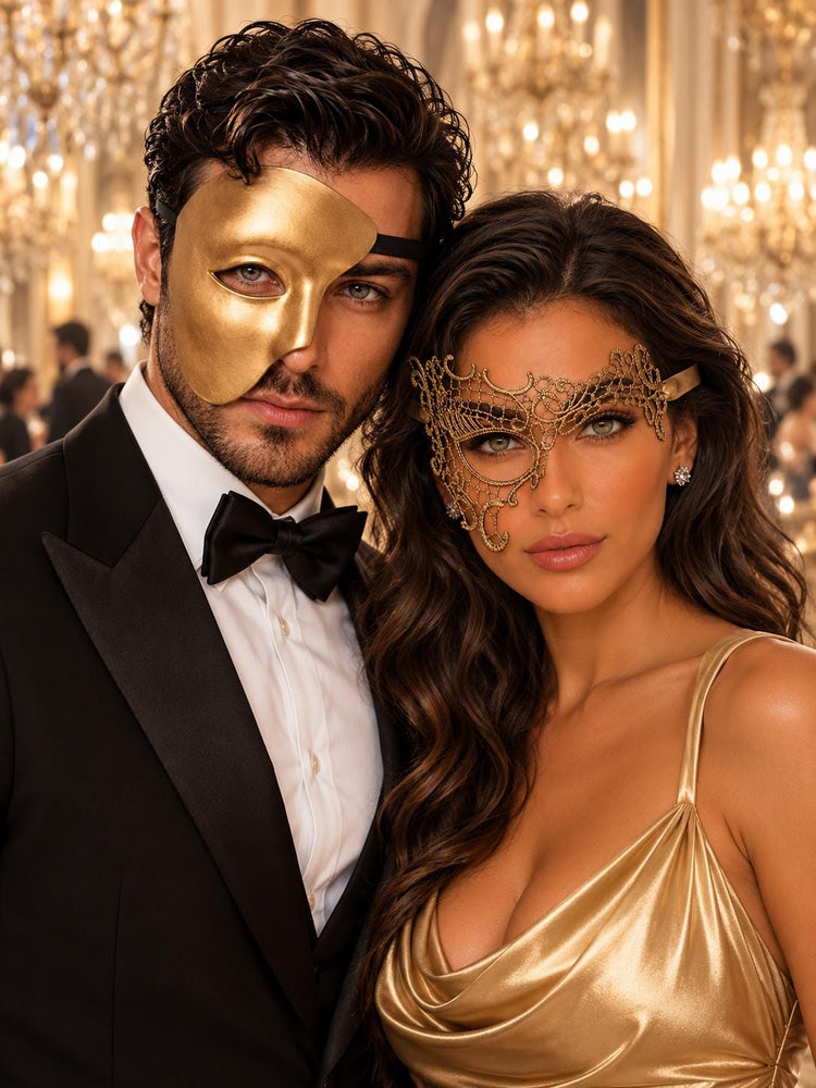 Gold Phantom Couple Masks | One-Eye Phantom Mask for Men & Gold Phantom Lace Mask for Women - main image