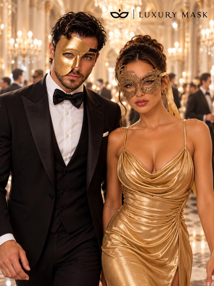 Gold matching masquerade masks for couples, men’s Venetian and women’s lace eye masks – view 3