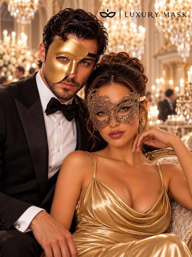 Gold matching masquerade masks for couples, men’s Venetian and women’s lace eye masks – view 4