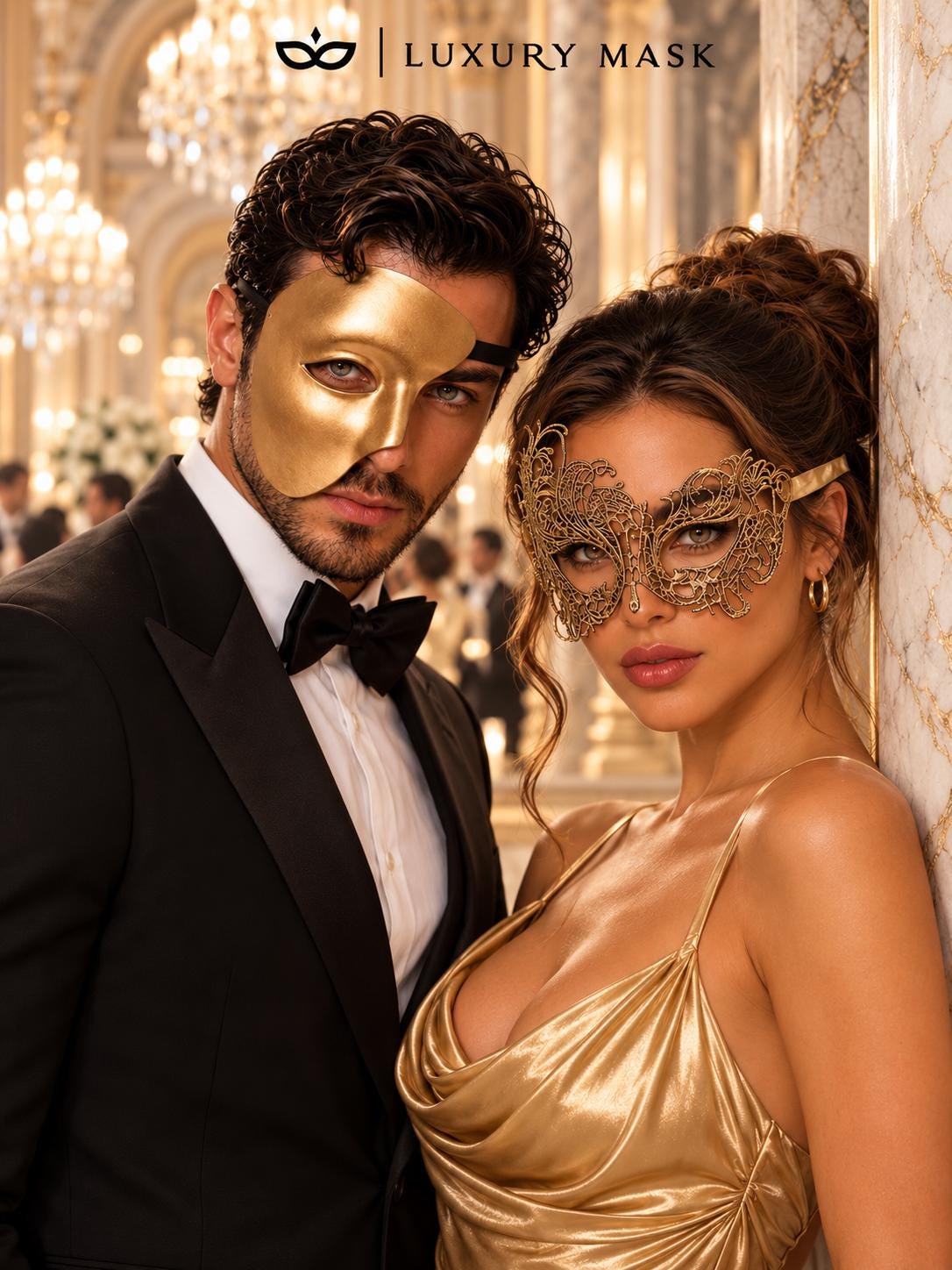 Gold matching masquerade masks for couples, men’s Venetian and women’s lace eye masks – view 5