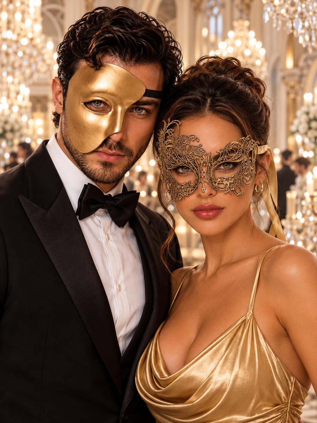Gold matching masquerade masks for couples, men’s Venetian and women’s lace eye masks – view 1
