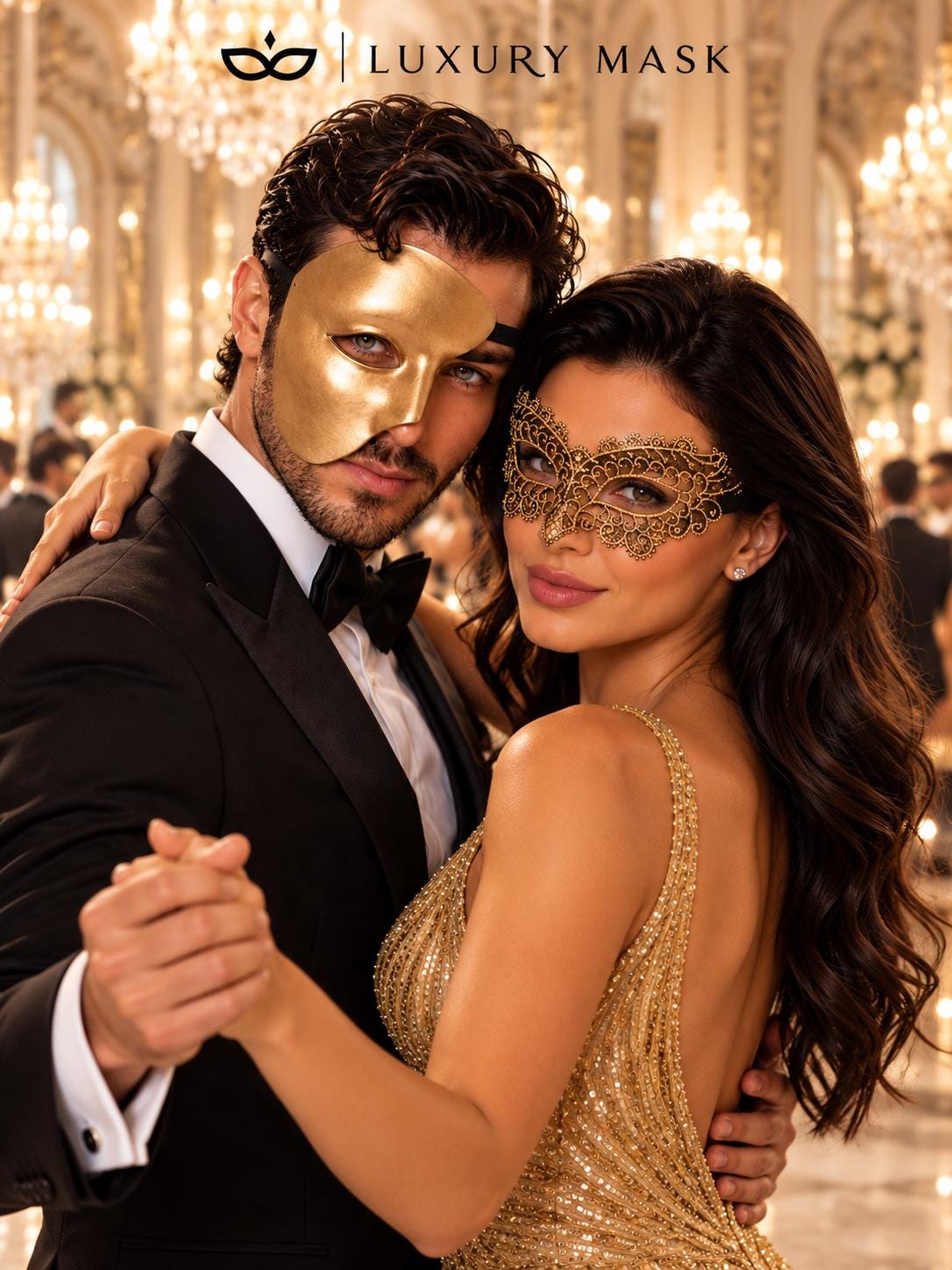 Gold matching masquerade masks for couples, men’s Venetian and women’s lace eye masks – view 4