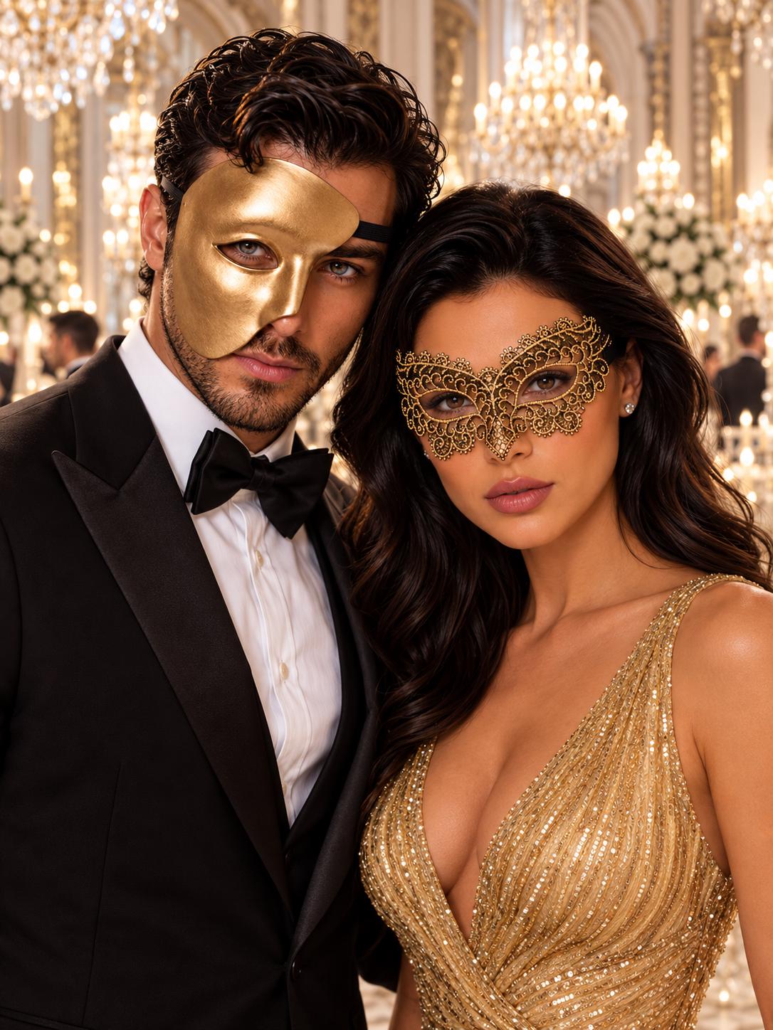 Gold matching masquerade masks for couples, men’s Venetian and women’s lace eye masks – view 1