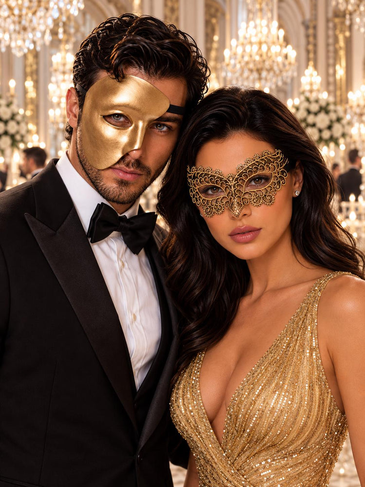 Gold matching masquerade masks for couples, men’s Venetian and women’s lace eye masks – view 1