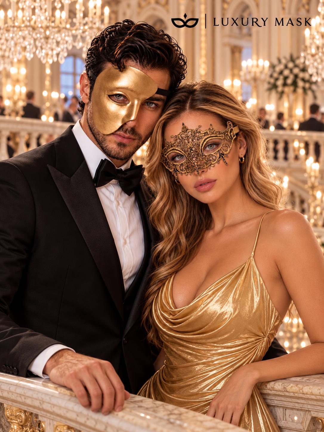 Gold matching masquerade masks for couples, men’s Venetian and women’s lace eye masks – view 5