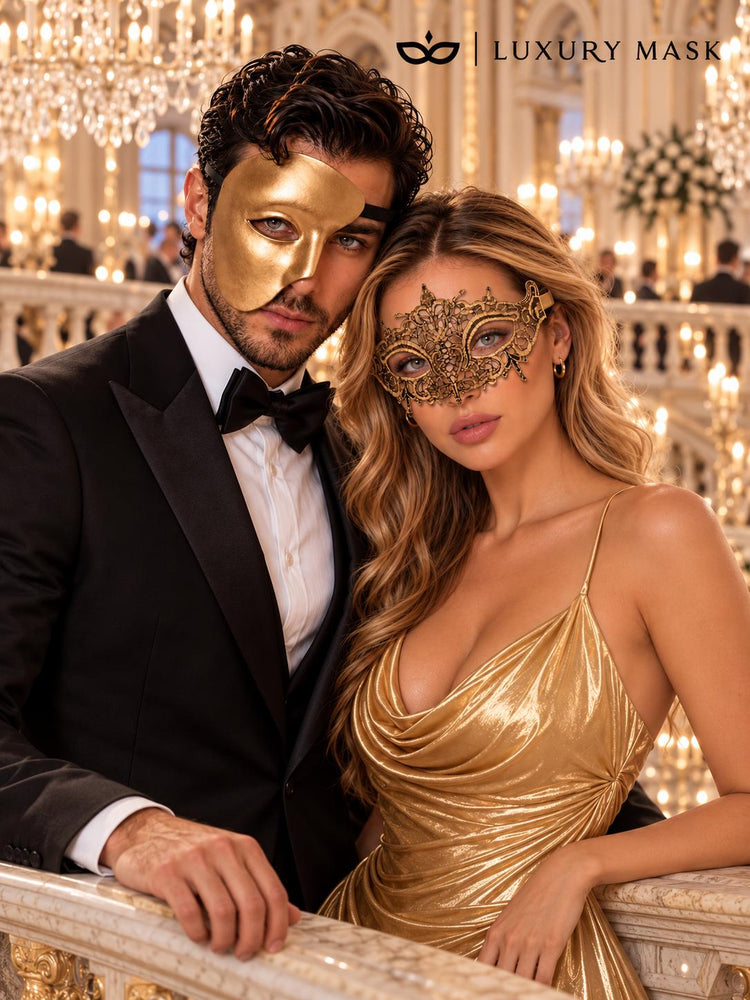 Gold matching masquerade masks for couples, men’s Venetian and women’s lace eye masks – view 5