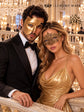 Gold matching masquerade masks for couples, men’s Venetian and women’s lace eye masks – view 5