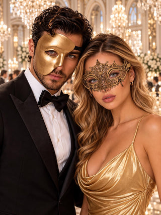 Gold matching masquerade masks for couples, men’s Venetian and women’s lace eye masks – view 1
