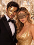 Gold matching masquerade masks for couples, men’s Venetian and women’s lace eye masks – view 1