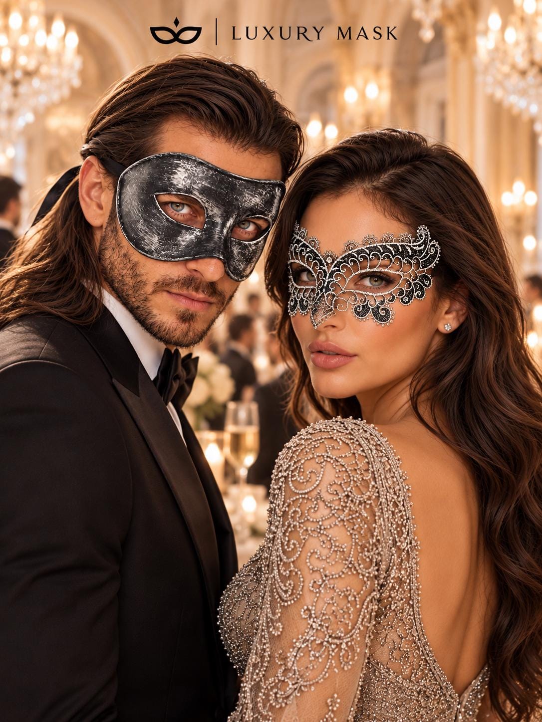 Black & Silver matching masquerade masks for couples, men’s Venetian and women’s lace eye masks – view 3