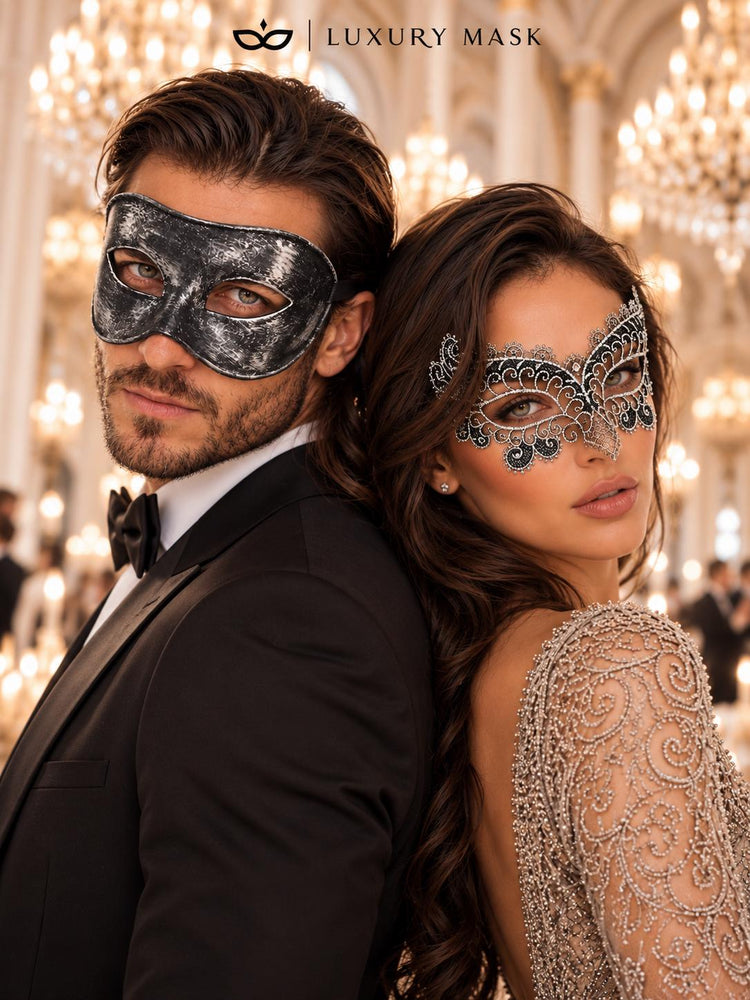 Black & Silver matching masquerade masks for couples, men’s Venetian and women’s lace eye masks – view 5
