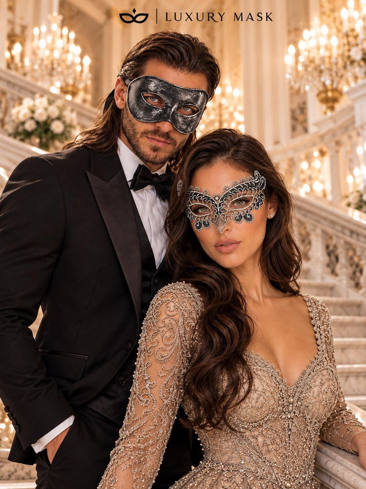 Black & Silver matching masquerade masks for couples, men’s Venetian and women’s lace eye masks – view 6