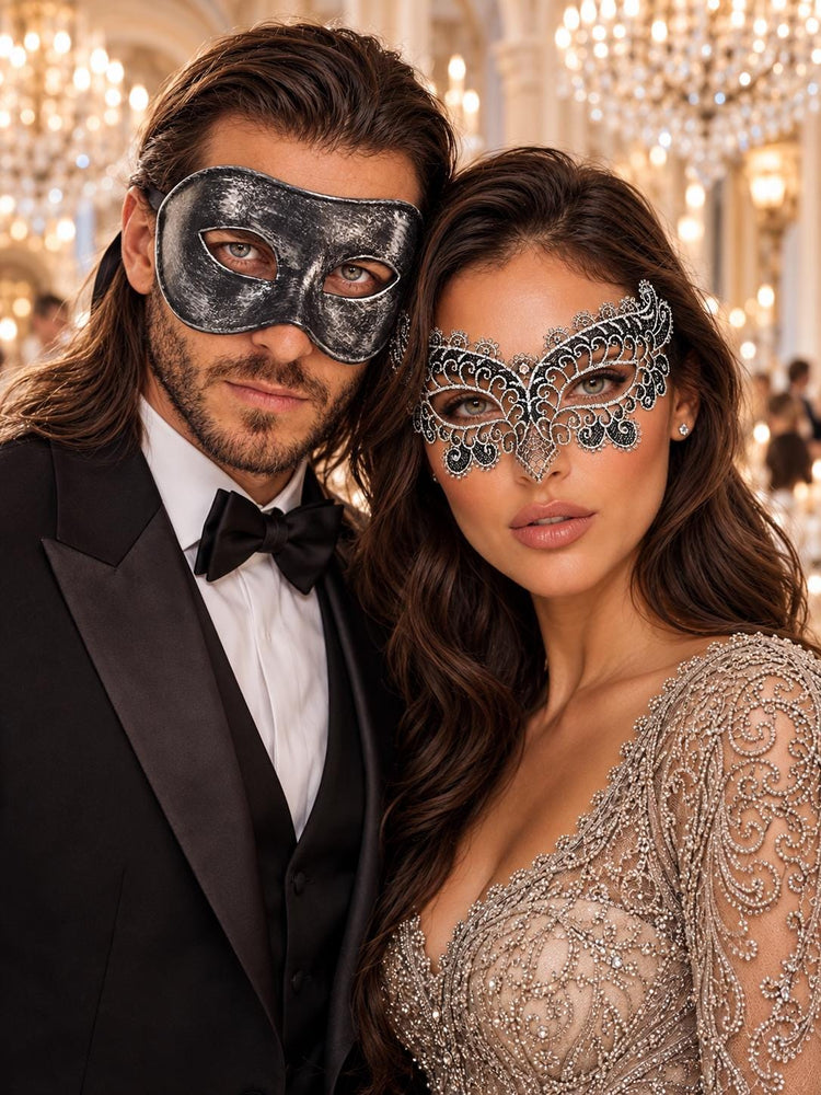 Black & Silver matching masquerade masks for couples, men’s Venetian and women’s lace eye masks – view 1