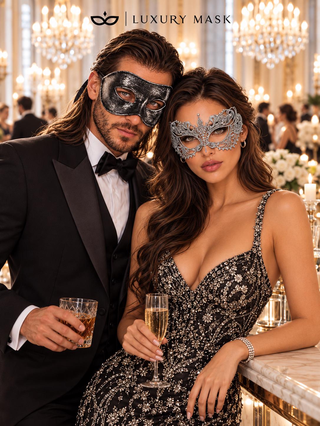 Black & Silver matching masquerade masks for couples, men’s Venetian and women’s lace eye masks – view 3