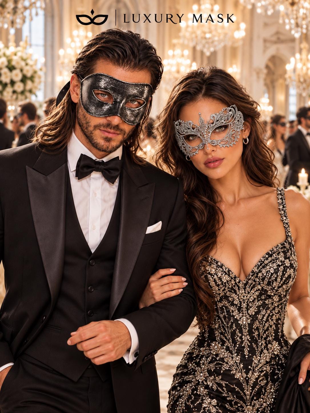 Black & Silver matching masquerade masks for couples, men’s Venetian and women’s lace eye masks – view 5