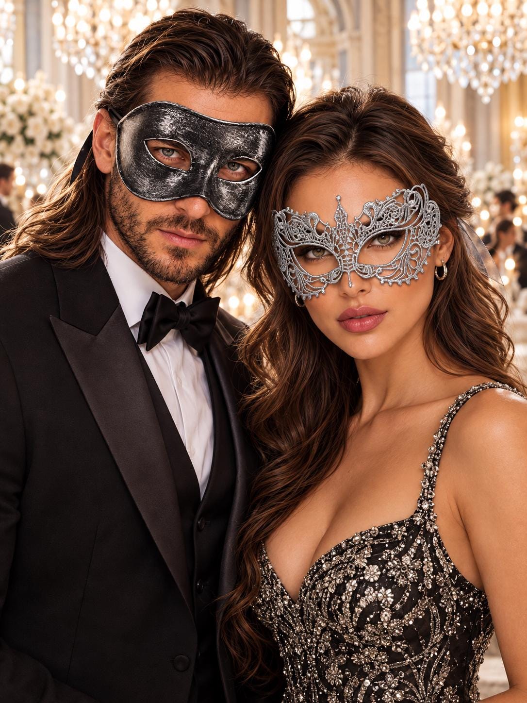 Black & Silver matching masquerade masks for couples, men’s Venetian and women’s lace eye masks – view 1
