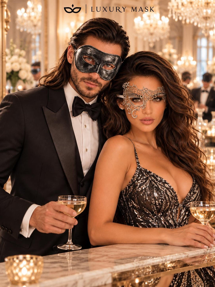 Black & Silver matching masquerade masks for couples, men’s Venetian and women’s lace eye masks – view 3