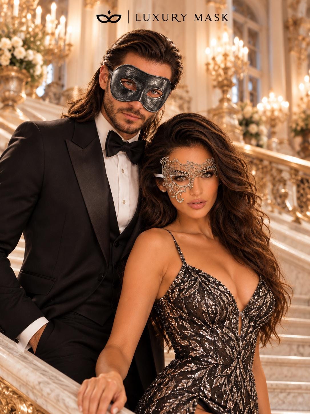Black & Silver matching masquerade masks for couples, men’s Venetian and women’s lace eye masks – view 4