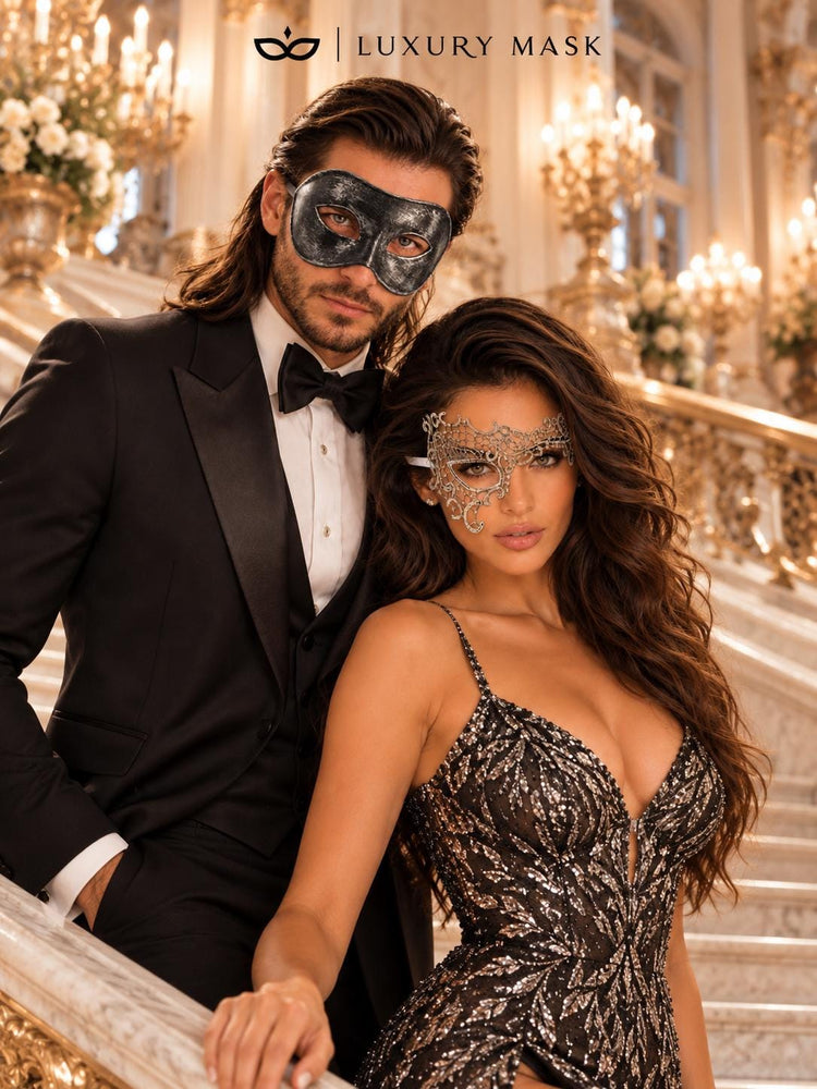 Black & Silver matching masquerade masks for couples, men’s Venetian and women’s lace eye masks – view 4