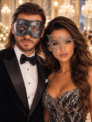 Black & Silver matching masquerade masks for couples, men’s Venetian and women’s lace eye masks – view 1