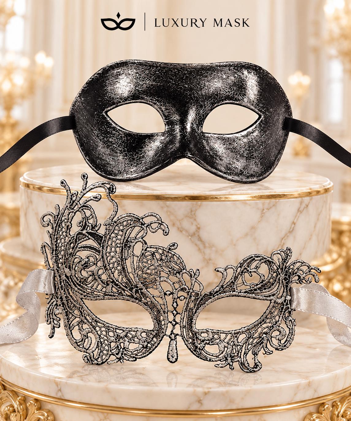 Black & Silver matching masquerade masks for couples, men’s Venetian and women’s lace eye masks – view 6
