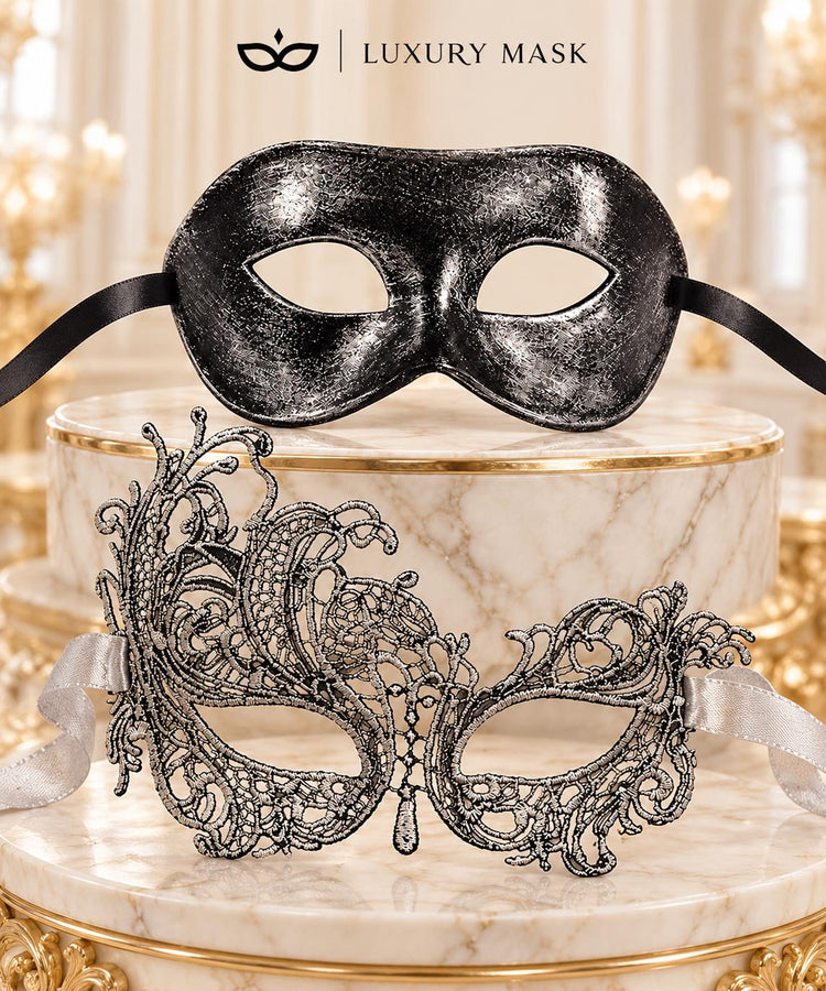 Black & Silver matching masquerade masks for couples, men’s Venetian and women’s lace eye masks – view 6