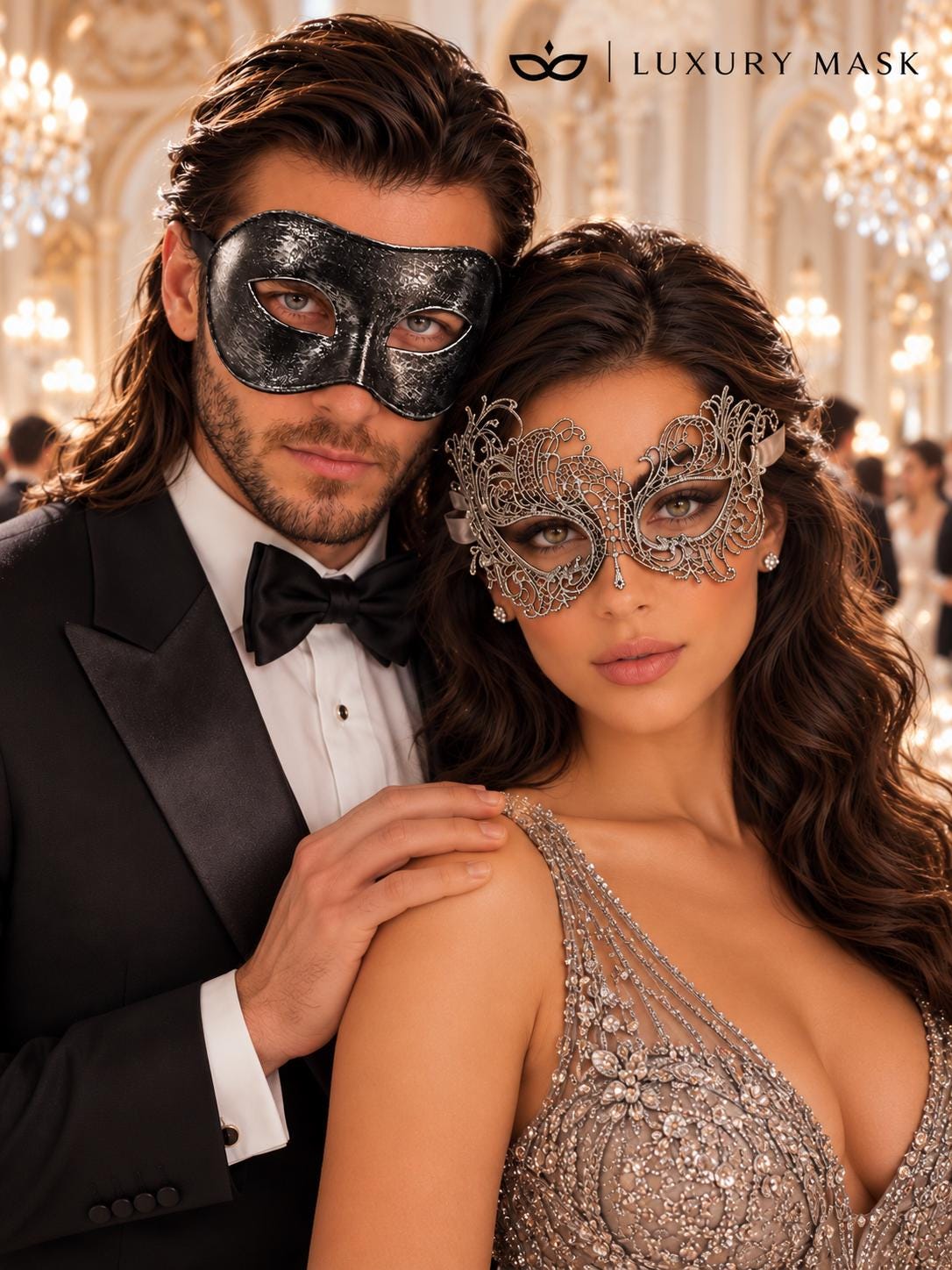 Black & Silver matching masquerade masks for couples, men’s Venetian and women’s lace eye masks – view 2