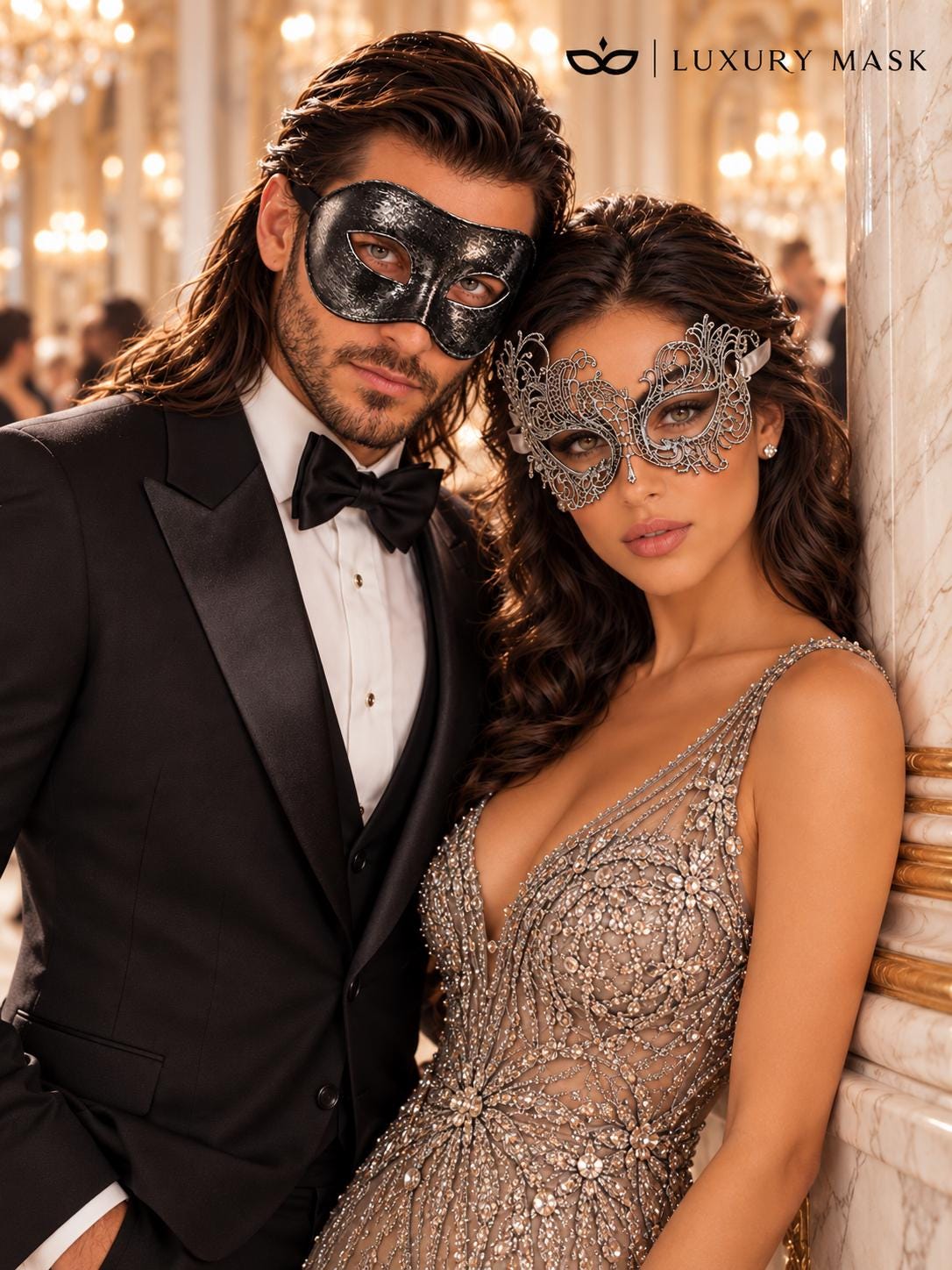 Black & Silver matching masquerade masks for couples, men’s Venetian and women’s lace eye masks – view 5