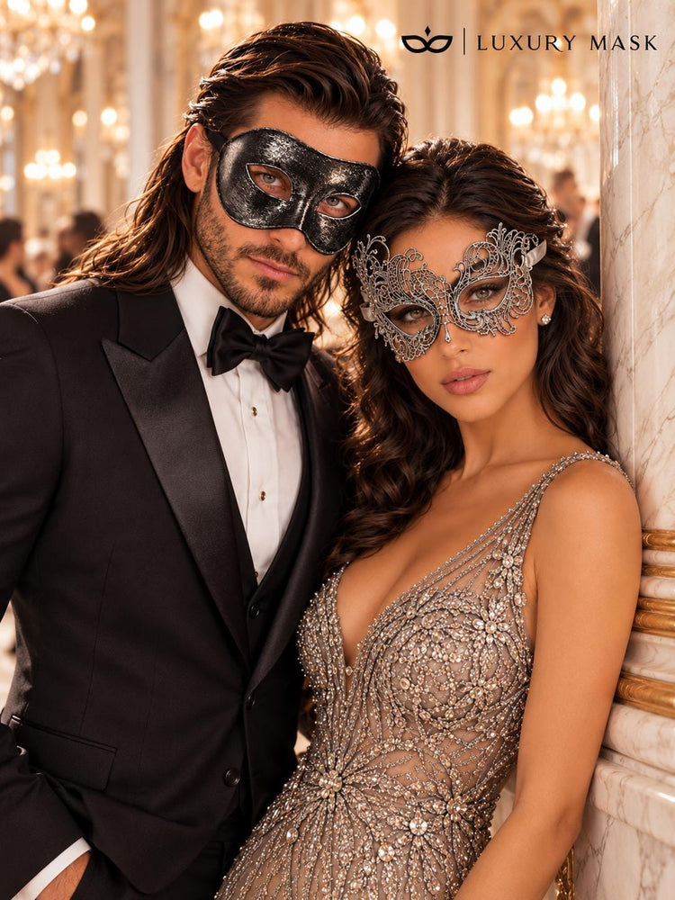 Black & Silver matching masquerade masks for couples, men’s Venetian and women’s lace eye masks – view 5