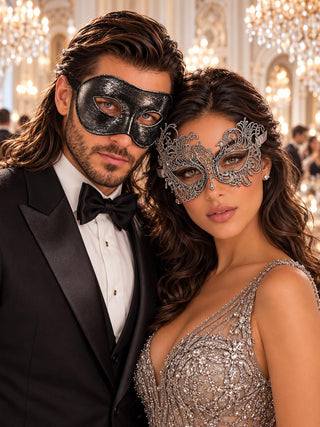 Black & Silver matching masquerade masks for couples, men’s Venetian and women’s lace eye masks – view 1