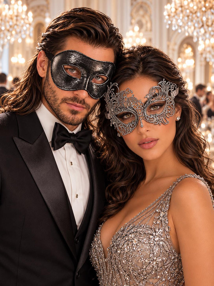 Black & Silver matching masquerade masks for couples, men’s Venetian and women’s lace eye masks – view 1