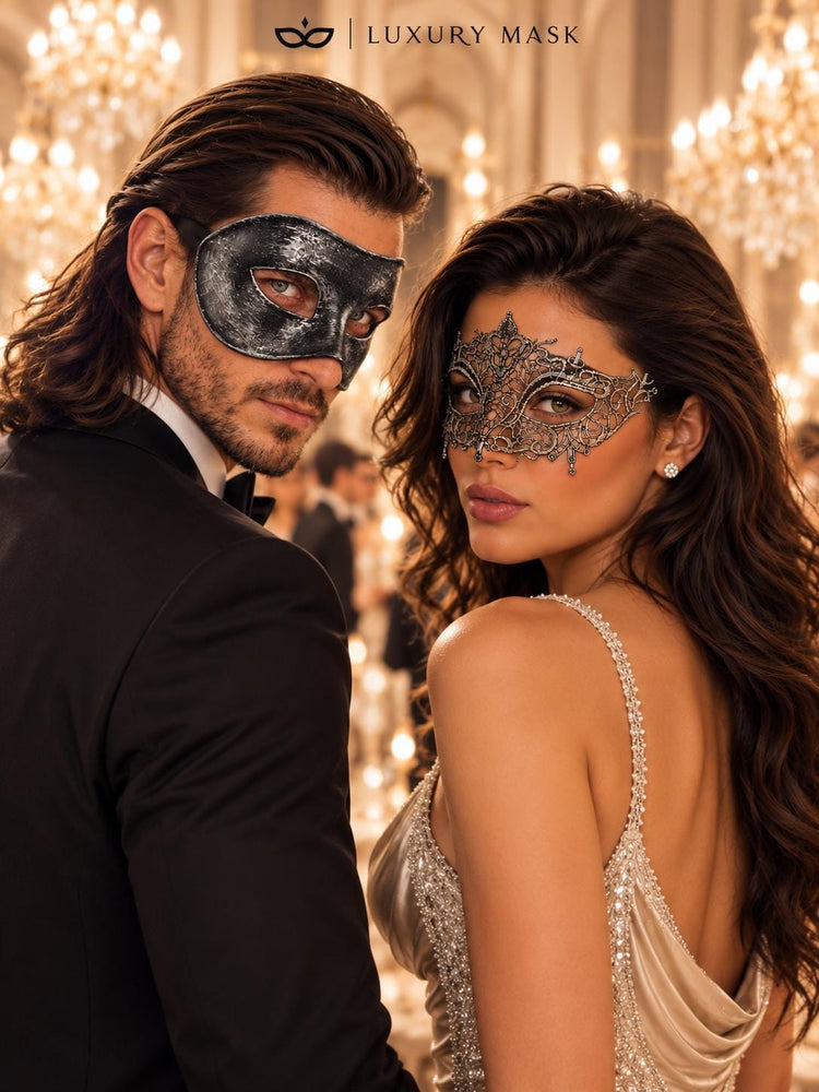 Black & Silver matching masquerade masks for couples, men’s Venetian and women’s lace eye masks – view 2